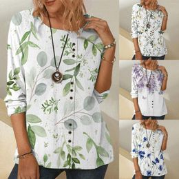 Women's Blouses Printed Shirt For Womens Casual Autumn Winter Long Sleeves Tops Round Neck Tee Tunic Flower Loose Side Blouse