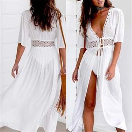 Swimwear Women Crochet Beach Dress Solid White Lace Beachwear Sun Protection Clothes Knitted Swimsuits Women Long Pareo Beach Cover Up