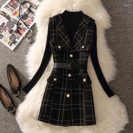 Women's Vests Vintage Mid-Length Plaid Tweed Vest Women Single Breasted Sleeveless Jacket And Knit Sweater 2 Piece Set Female Waistcoat Suit