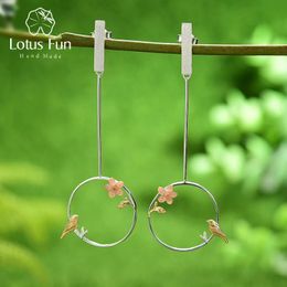 Stud Lotus Fun Exquisite Bird in a Jungle Dangle Earrings Real 925 Sterling Silver Long Earrings for Women Gift Handmade Fine Jewellery