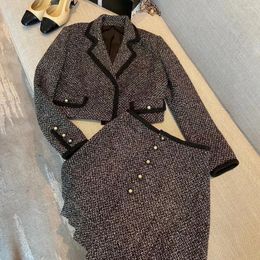 Work Dresses 2023 Autumn/Winter Black And White Long Sleeve Turndown Collar Coat Short Jacket Mini A-line Half Skirt Wool Tweed Two Piece