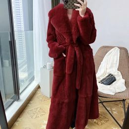 Women's Fur Solid Color Jackets Overcoats Lace Up Pockets Trend Faux Coat Mid-Length Fashion Loose Outwear Coats