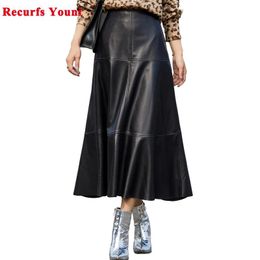 Dresses Women Genuine Leather 80 Cm Long Skirt Female French Elegant Ing Super Long Flared Saia Longa Mujer Yellow Umbrella Jupe