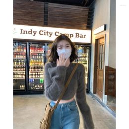 Women's Sweaters Streetwear Cropped Sweater Women Mohair Knitted Pullovers Korean Flare Sleeve Slim Jumpers Fashion Solid All Match