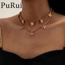 Boho Charm Bling Pink Crystal Butterfly Pendant Choker Necklace Rhinestone Tennis Chain On The Neck 2021 Goth Jewellery for Women270L