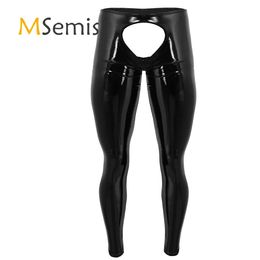 set Black Mens Lingerie Open Crotch Pants Shiny Patent Leather Open Back and Open Pouch Tight Pants Crotchless Leggings Trousers