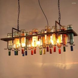 Chandeliers American Retro Industrial Rust Metal Coloured Wine Bottle Glass Chandelier Coffee Shop Bar Restaurant LED Decorative Pendant Lamp