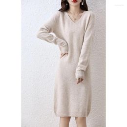 Casual Dresses Wool Seamless Long Skirt Autumn And Winter Elegant Women's Pullover High End V-Neck Sweater Knitted Loose