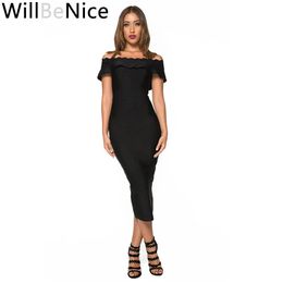 Dresses Willbenice Black Red Cheap Sexy Women Off Shoulder Bodycon Party Ruffle Bandage Dress Bodycon Woman Party Night Elegance Midi