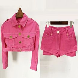 Two Piece Dress High Quality Luxury Pink Denim Shorts Suit Outfit Fashion Streetwear 2 Piece Women Cropped Jacket Shorts Matching Set 231216