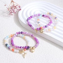 Strand Design Natural Agate Multicolor Bracelet Rainbow Crystal Beaded 14K Gold Heart Pendant Charm For Women Girl Jewelry