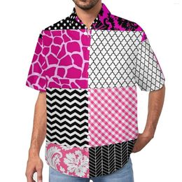 Men's Casual Shirts Pink And Black Patchwork Loose Shirt Men Vacation Animal Print Hawaiian Design Short Sleeve Y2K Oversized Blouses