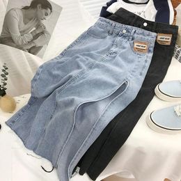 Dresses Personalized Side Slit Denim Skirt Spring and Summer New Women's Student Ins Was Thin High Waist Cat Whisker Ashaped Hip Skirt