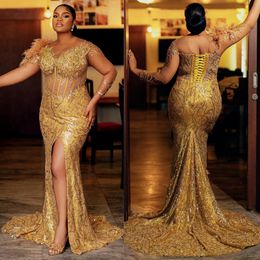Gold Plus Size Aso Ebi Prom Dresses Feather Illusion High Split Long Sleeves Promdress Evening Formal Dress for Black Women Birthday Party Gowns Engagement AM214
