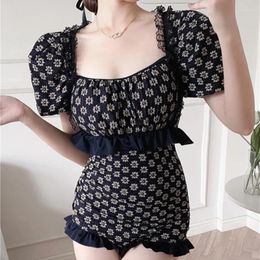 Women's Swimwear 2023 Conjoined Body Sexy Conservative Slimming Square Collar Spliced Lace Short Sleeve Hollow Out Backless Ruffles