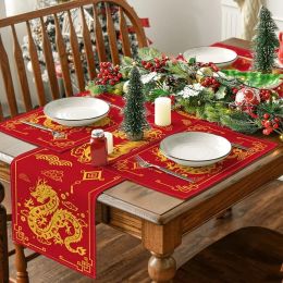 5PCS The Year of The Dragon Table Runner Placemats Combination Set,Chinese Zodiac Dragon Pattern Dining Table Decor For Party