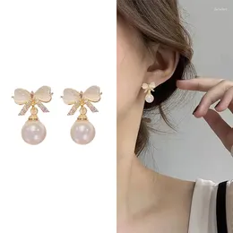 Stud Earrings Fashion Korean Crystal Bow Drop White Red Round Imitation Pearl Dangle For Women Elegant Party Jewellery