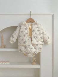 Clothing Sets Baby Girls Winter Korean Infant Lace Pocket Cotton-padded Floral Coat Suspender Bodysuit 2Pcs Warm Suit