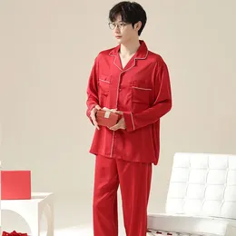 Men's Sleepwear Autumn Men Pyjamas Red Long Sleeve Cardigan Nightclothes Wedding Homewear Ice Silk Smooth Nightie Pyjamas Plus Size