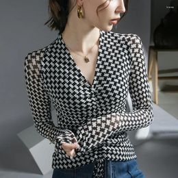Women's T Shirts High Quality 2023 Women Tops Lattice Print Design T-shirt Female Clothing Winter Autumn Sexy Crop Top Clothes Casual Blouse