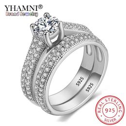 YHAMNI With Certificate Luxury Original 925 Silver Wedding Ring Set Have S925 Logo Dazzle Zirconia Diamond Band Rings For Women 2P317T