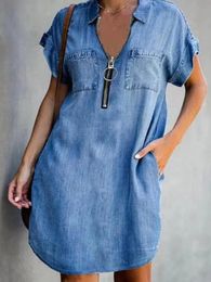 Urban Sexy Dresses Summer Casual Fashion Short Sleeve Turn Down Collar Zipper Loose Dress Imitation Denim Above Knee Mini Skirts 231218