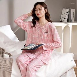 Women's Sleepwear Women Pyjamas Spring Autumn Female Long Sleeve Cotton Large Size Round Neck Cardigan Homewear Suit Casual Loose 2024