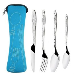 4Pcs Portable Stainless Steel Knifes Fork Spoon Set Family Travel Camping Cutlery Eyeful Four-piece Dinnerware Set with Case