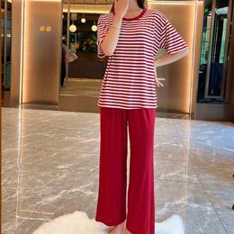 Women's Sleepwear Fdfklak Fashion Modal Striped Home Clothes Short-Sleeve T-Shirt Wide Leg Pants Pyjamas Set For Women Pijamas Suit