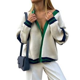 Women's V-Neck Cardigan | Fall Winter 2023 Fashion Sweater | European & American Style, Contrast Stripes, Loose Fit | Green, Blue, Deep Blue | Sizes: S-XL