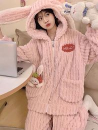 Ethnic Clothing Coral Velvet Pyjamas For Women In Autumn And Winter Cute Zippered Hood External Wear Thick Plush Flannel Set