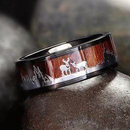 Black Tungsten Hunting Ring Wood Inlay Deer Stag Silhouette Ring Mens Wedding Band wedding ring size 6-13282b