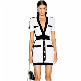 Skirts Amazon Selling Short Sleeve Bandage Dress European And American Fashion V-neck Stitching Fastener Decoration Eleg