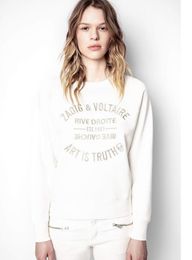 24SS Zadig Voltaire Designer-Sweatshirt, klassischer Damen-Pullover, Stickerei-Buchstaben, Kunst ist Wahrheit, weiß-schwarze Baumwoll-Stickerei-Sweatshirts