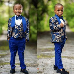 Navy Blumenmuster Jungen Anzüge Abendessen Tuxedos kleine Kinder für Hochzeit Party Abschlussball Geburtstag 3 Stück Jacke Hosen Weste