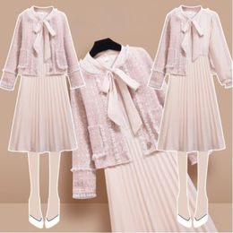 Two Piece Dress Women's Set Small Fragrance Round Neck Coat Long Sleeve Bow Dress Temperament Gentle Ladies Two Piece Sets Women's Clothing 231218