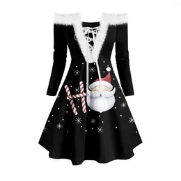 Casual Dresses Lace-up Long-Sleeved Christmas Plush Ladies Strapless Retro Collar Dress Print Women's Cute Cocktail For Women