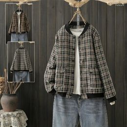 Women's Jackets 2023 Spring Fall Large Size 4XL Tweed Wool Jacket Stand Collar Loose Single-Breasted Baseball Uniform Plaid Coat 192