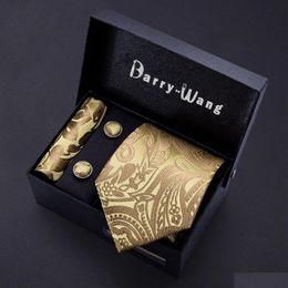 Neck Ties Neck Ties Gold Men Tie Paisley Silk Pocket Square Gift Box Set Barrywang Luxury Designer For Male Gravat Wedding Bb5150 2312 Dhw4F