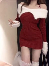 Basic Casual Dresses Winter Sexy Bodycon Knitted Dress Woman Solid Elegant Y2k Mini Dress Off Shoulder Dress Korean Style Slim Design 231218