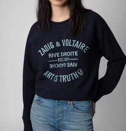 24SS Zadig Voltaire Designer-Sweatshirt, klassischer Damen-Pullover, Stickerei-Buchstaben, Kunst ist Wahrheit, weiß, schwarz, Baumwoll-Stickerei-Sweatshirt für Mädchen