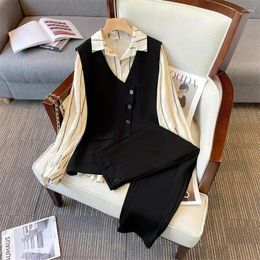 Women's Two Piece Pants Office Ladies Elegant Pieces Sets Autumn Long Sleeve Striped Shirt Patchwork Top And Trousers Suits Korean Casual