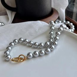 Choker 10mm Platinum Grey Pearl Necklace 45cm Sterling Silver Button All-Match Commute High-Grade Niche