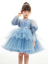 Girl s Dresses 2023 Luxury Girls Mesh Dress Blue Sleeves Elegant Evening Summer Fashionable 3 10 Year Old Sequin Princess 231218