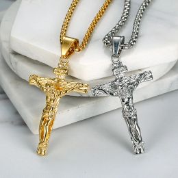 Religiös Jesus Kristus korsar hänge halsband för kvinnor/män guldfärg 14k guld Crucifix halsband män kristna smycken