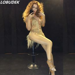 Rompers Gold Tassel Rhinestones Bodysuit Sexy Stage Wear DJ Dancer Latin Pole Dance Fringe Crystal Leotard Costume Women Singer Nightclub