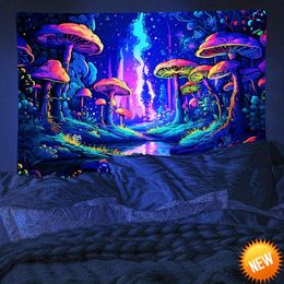 Mysterious Mushroom Forest Plants Fluorescent Tapestry Halloween Polyster UV BlackLight Tapestry Wall Hanging For Living RoomHome Decoration