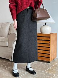 Skirts Women's Woolen Straight Skirt With High Waist Design Pockets Woman Clothing For Women 2024 Spring Winter Vintage Korean