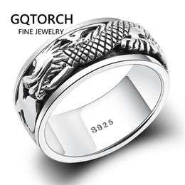 Real Pure 925 Sterling Silver Dragon Rings For Men Rotatable Transfer Luck Vintage Punk Retro Style Anel Masculino Aneis Y1124270c