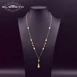 Necklaces XlentAg Natural Freshwater White Pearl Long Pendant Necklace Women's Birthday Party Exquisite Fashion Gift Jewellery GN0159
